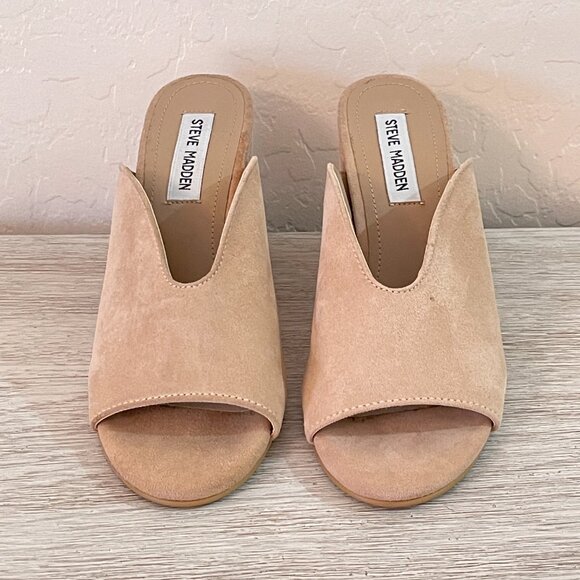 Steve Madden Sandals Slides Heels 6 Chance Tan Pink Taupe Stone Suede Leather - Picture 3 of 11